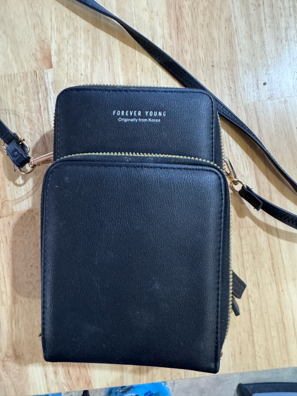 Forever Young Black Leather Two-Zip Crossbody Wallet